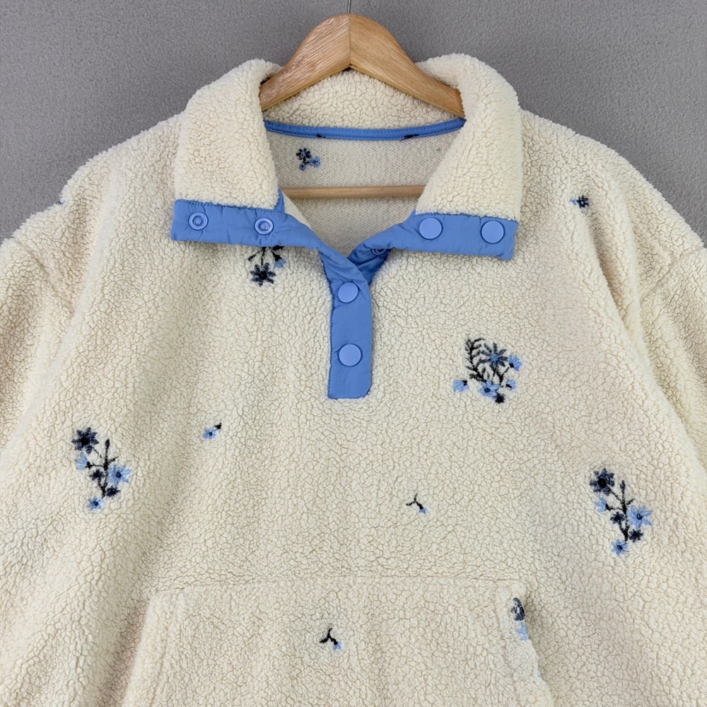 Dreamers Floral Sherpa Fleece Pullover Women Small Cream Blue Snap Neck - Picture 4 of 9